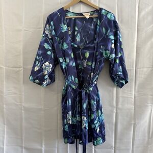 Vintage Angelique M Blue Floral Set Robe Gown Lingerie Sexy Short Lounge Chemise